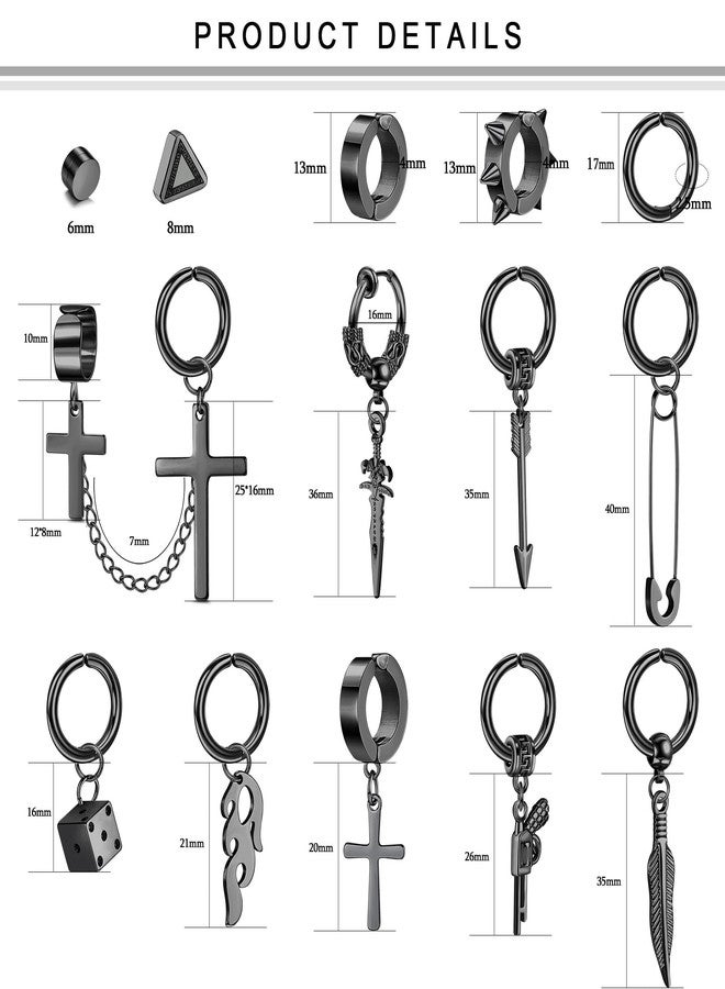 Florideco 22Pcs Stainless Steel Fake Earrings for Men Women Cross Chain Pendant Earring Non-Piercing Huggie Hoop Earrings Set Clip On Earrings for Men Black Fake Earrings Black Tone - Image 5